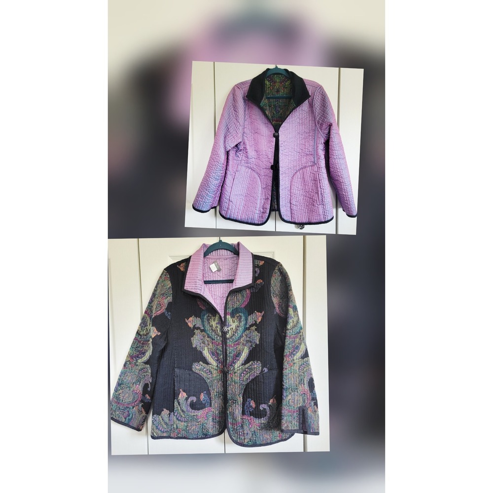 Anu Reversible Quilted Jacket Wool Silk Blend Paisley Print Coat Purple Black L